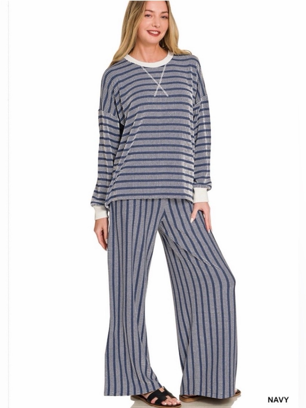 Zenana Outfitters Navy and White Striped Women's Lounge Set